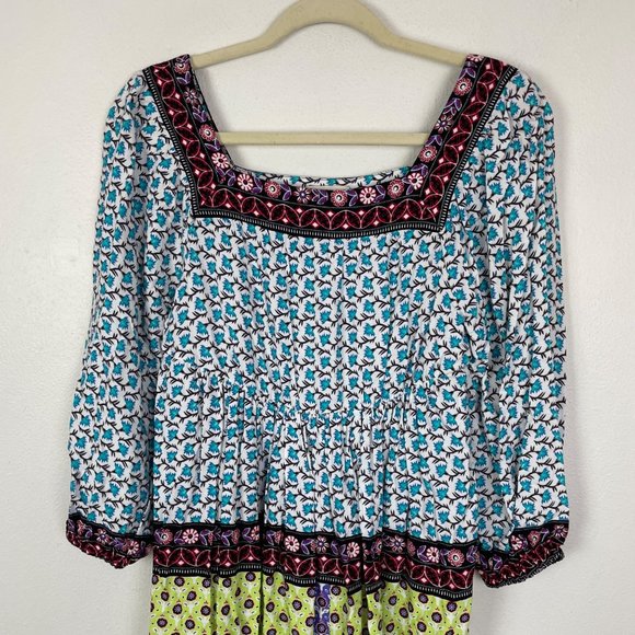 Eci S Blue Green Square Neck Balloon Sleeve Mixed Pattern Bohemian Boho Twee - Picture 2 of 10